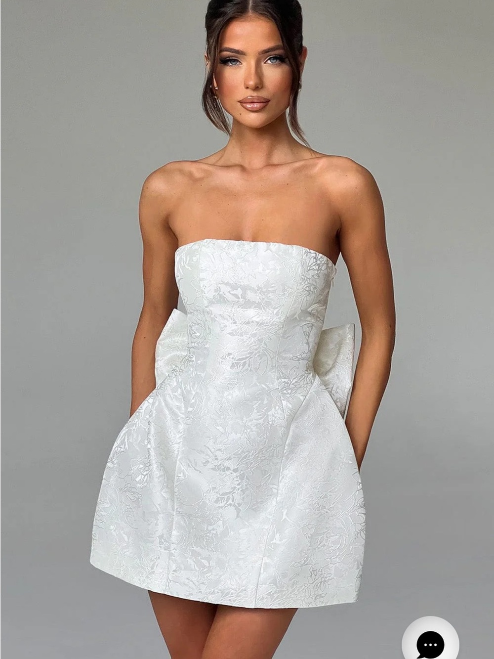 Strapless White Jacquard Mini Wedding Dress with Bow Detail